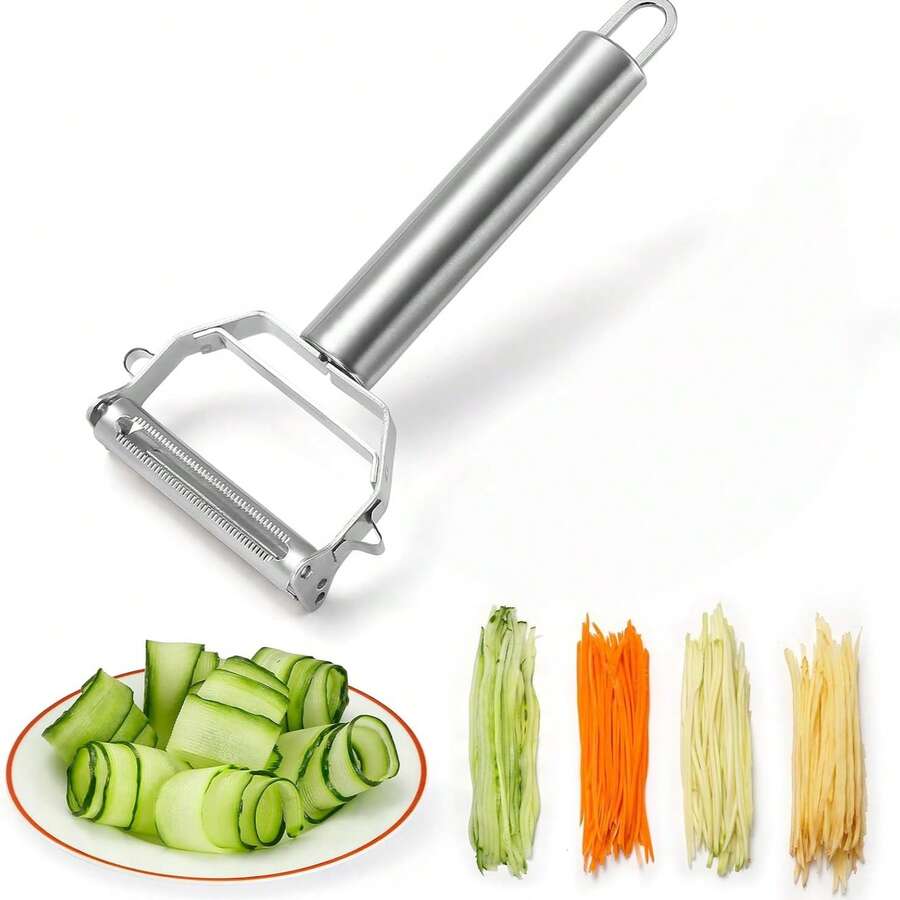 1pc Multi-Function Metal Vegetable Peeler, Dual Blade Design For Peeling, Slicing, Shredding, With Built-In Eye Remover To Easily Remove Potato Eyes. Sharp Blade For Smooth Cutting, Suitable For Cucumber, Carrot, Potato, Apple And Other Ingredients, Handle With Hanging Hole For Convenient Storage, Easy To Clean With Water, Practical Kitchen Tool For Home Cooking And Food Preparation