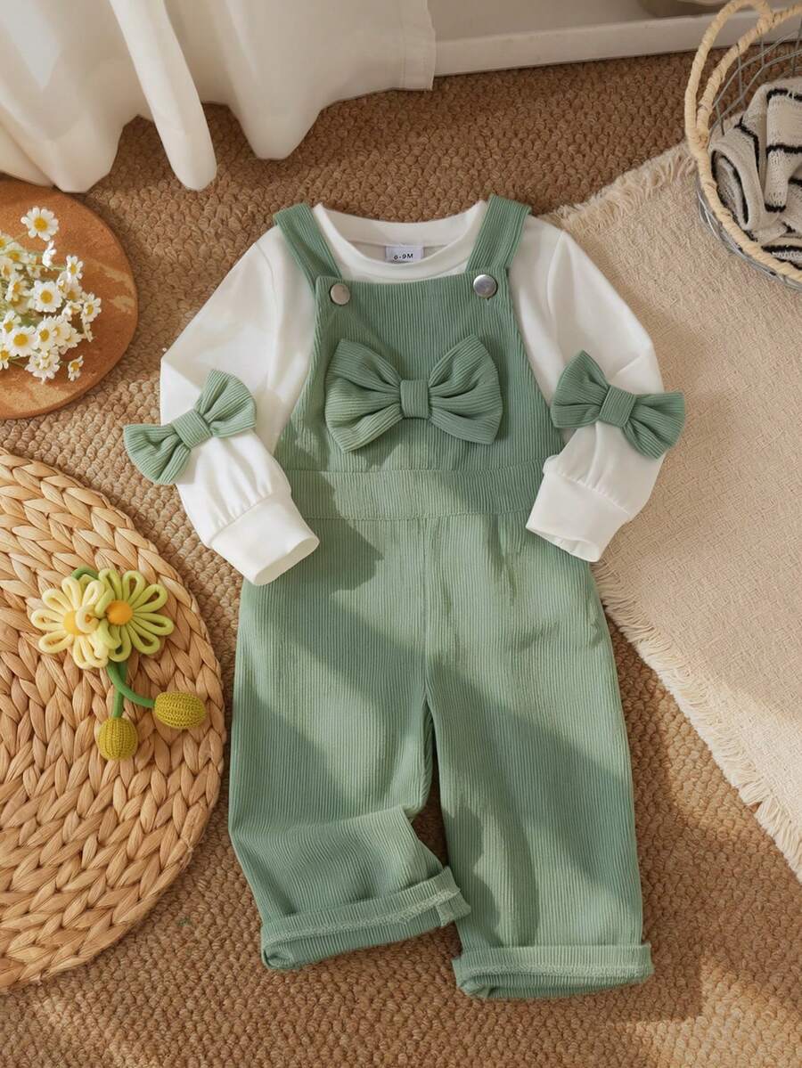 2pcs/Set Baby Girl Fresh Cute Bow Top + Corduroy Overalls, Thin Spring/Autumn - Mint Green - View 1