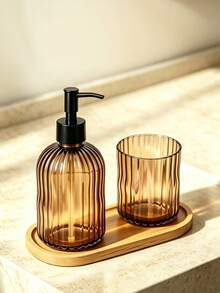 1 Set Soap Dispenser + Toothbrush Holder + Tray 3-In-1 Bathroom Set, Striped Glass Material, Bathroom Accessories Set, Refillable Lotion Dispenser Bottle, Bathroom Decor Accessories - Brown - View 1