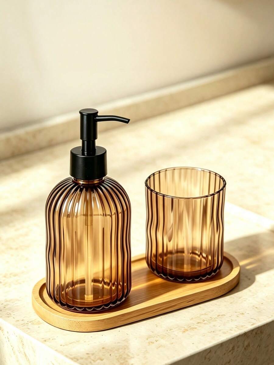 1 Set Soap Dispenser + Toothbrush Holder + Tray 3-In-1 Bathroom Set, Striped Glass Material, Bathroom Accessories Set, Refillable Lotion Dispenser Bottle, Bathroom Decor Accessories - Brown - View 1