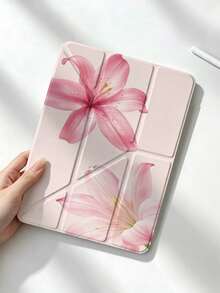 1pc Pink Lily Print Acrylic Y-Fold Protective Case, Magnetic Closure With Pencil Slot, Auto Sleep/Wake, Compatible With IPad 5/6/7/8/Air 3/4/5/6/7/8/Pro 11/10th/11th Gen/Mini 6/7 Shockproof Tablet Shell - Multicolor - View 4
