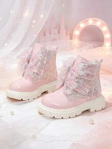 1 Pair Girls' Bowknot Rhinestone Princess Ankle Boots, Silver Pink Glitter + Mesh Bowknot Dual Hook & Loop Design, Dreamy Princess Style Boots, Suitable For School, Festivals, Parties, Autumn/Winter New - Pink - View 5