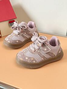 Girls' Floral Patchwork Sneakers With Mesh Breathable Soft Sole And Hook And Loop Closure, Stable Shoes For Home And Outdoor Wear - Pink - View 3