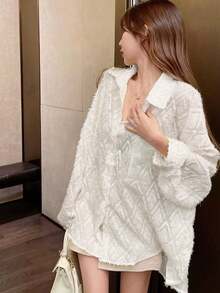 Women's Solid Color Tassel Single-Breasted Loose Pocket Shirt, Random Cut - White - View 1