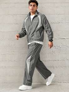 Men's Colorblock 2 Pieces Sports Set Jacket And Pants Casual Activewear - Dark Grey - View 3