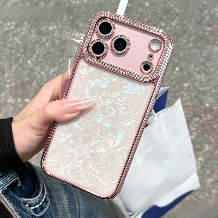 Luxury Rhinestone Phone Case, Compatible With IPhone 18 Pro Max 17 Air 16 15 14 Plus 13 12 11, Transparent Glitter Frame With Shell Pattern Backplate, Shockproof Protective Cover, Suitable As A Gift For Women And Men - Pink - View 1