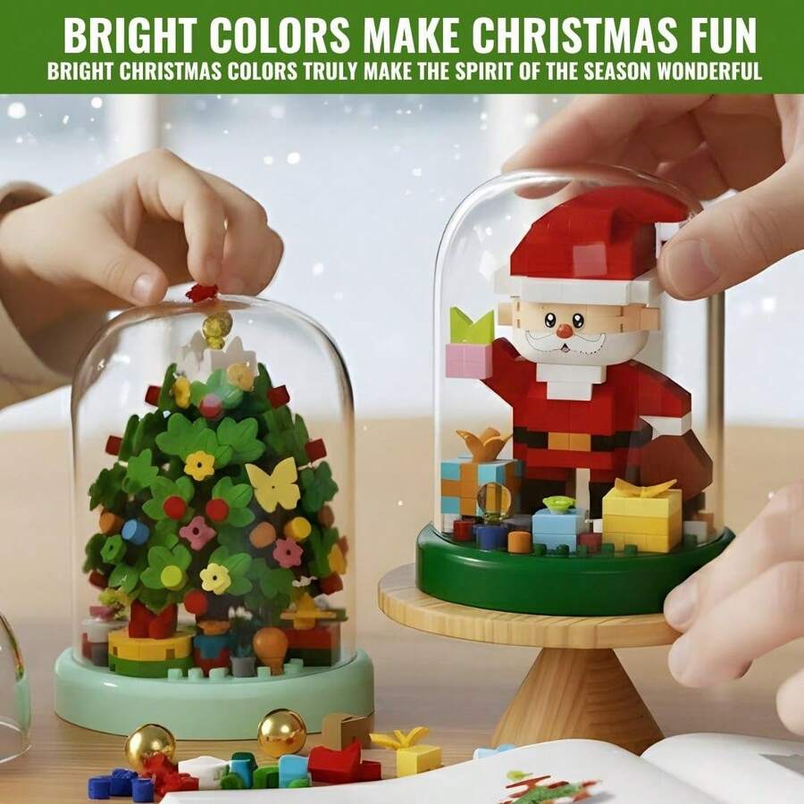 300pcs+ Christmas Building Blocks Set, Santa Claus & Christmas Tree Mini Assembly Kit With Display Case, Holiday Decoration, Cute Desktop Ornament, DIY Assembly Toy, Suitable For Family Birthday & Christmas Gift - Multicolor - View 1