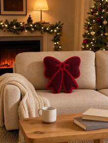 Burgundy Bow Decor Throw Pillow, Sweet Style Ribbon Cushion, Suitable For Sofa Chair Bed, Christmas Holiday Home Decor Accent - Multicolor - View 4