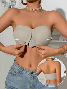 1pc Grey Front-Closure Scoop Neck Wireless Bra, Upgraded Wide Silicone Non-Slip Trim, Soft Comfortable Lining, Seamless Ladies Underwear - Grey - View 5