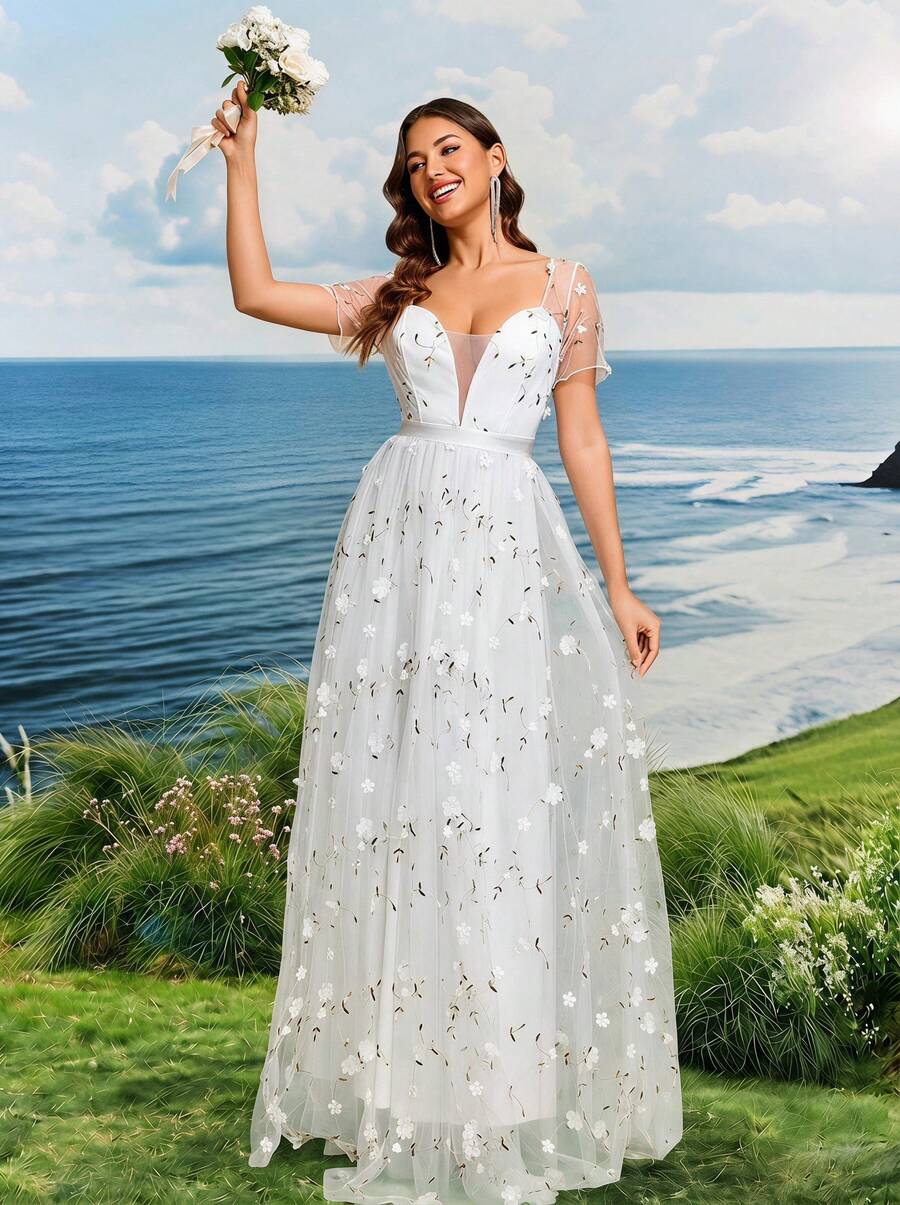 Elasola Women's Elegant Romantic Heart Neckline Short Sleeve Evening Gown White - White - View 1