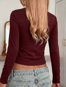 Women's Casual Crew Neck Long Sleeve T-Shirt Top Set For Spring/Autumn/Summer - Burgundy - View 5