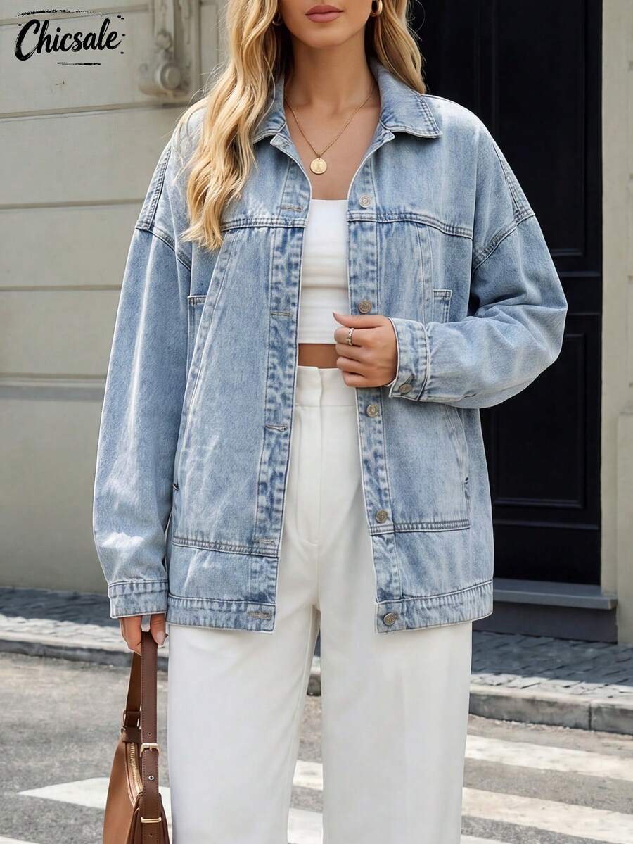 Vintage Washed Solid Color Slanted Pocket Casual Loose Denim Jacket, Women's Autumn/Winter Denim Jacket - Light Wash - View 1