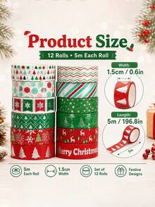 12 Rolls/Box Vintage Christmas Silver Foil Washi Tape, 1.5cm*5m Size Festive Tape Set, Perfect For Holiday Gift Wrapping, Card, Journal, And Scrapbook Decorations - Sets - View 2