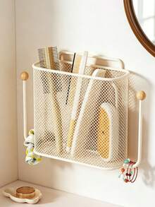 1pc Wall-Mounted Storage Basket, Minimalist Wire Mesh Rectangular Storage Basket With Side Hooks, No-Drill Wall Hanging Shelf, Suitable For Bathroom, Bedroom, Dormitory, Home Daily Storage - Multicolor - View 14