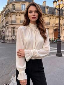 Solid Color Elegant Women's Ruffle Casual Sophisticated Lady Style Blouse, Autumn Lantern Puff Long Sleeve Mature Workplace French Chiffon Ruched Stand Collar Commute Shirt - White - View 6