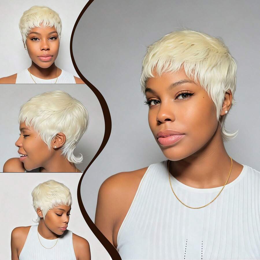 Black Short Hair Women's Human Hair Short Slick Back Wig,No Hair Gel Needed, No Hair Net Needed, Fully Machine Woven, Layered Design, Ready To Wear