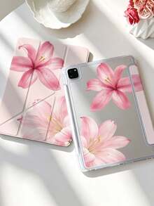 1pc Pink Lily Print Acrylic Y-Fold Protective Case, Magnetic Closure With Pencil Slot, Auto Sleep/Wake, Compatible With IPad 5/6/7/8/Air 3/4/5/6/7/8/Pro 11/10th/11th Gen/Mini 6/7 Shockproof Tablet Shell - Multicolor - View 19