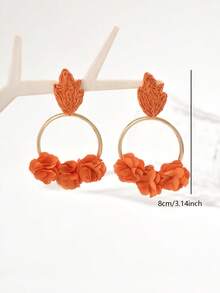 1 Pair Multi-Color Raffia Woven Flower & Leaf C-Shaped Drop Earrings, Fashionable Exaggerated Beach Vacation Party Earrings - Orange - View 3