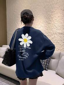 Women's Fashion Autumn/Winter Loose Round Neck Casual Street Versatile Daisy Print Long Sleeve T-Shirt - Navy Blue - View 2