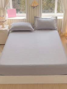3-Piece Minimalist Striped Bedding Set, 1 Fitted Sheet + 2 Pillowcases (Pillow Inserts Not Included), Soft Breathable Mattress Cover, Deep Pocket All-Season Bedroom Bedding - Light Grey - View 4