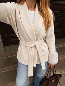 Women's Elegant Beige Woven Fabric Coat, Shawl Collar Design, With Faux Fur Cuffs And Belt, Autumn/Winter - Beige - View 10