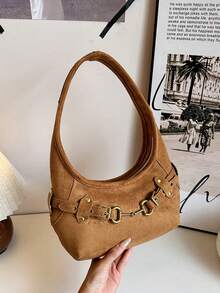 Women's Solid Color Material One Shoulder Crossbody Bag, Gold Horse Bit Buckle Detail, Zipper Closure, Casual Retro Style, Suitable For All Seasons, Perfect For Commuting And Dating - Brown - View 4