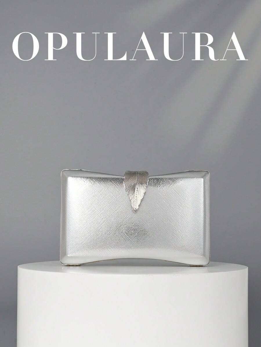 OpulAura 女士金属手拿包,奢华晚宴手提包,带金属叶扣装饰,适合派对、婚礼、正式活动、舞会礼服、伴娘礼服,非常适合派对婚礼舞会晚宴/宴会,搭配节日派对礼服晚礼服和亮片礼服,与新年服装完美搭配,与女士派对礼服完美搭配,时尚派对包,非常适合派对、婚礼、舞会、晚宴/宴会 - 銀色 - 查看 1