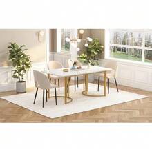 140 X 80cm Dining Table, (1-Pc), Modern Kitchen Table, Metal Frame Rectangular Dining Table With Modern Marble Pattern Kitchen Table With Adjustable Feet For Dining Room Living Room, White/Gold - White + MDF - View 2