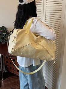 星空印花旅行行李包，多個外部口袋，布料材質，可拆卸可調節寬肩帶，大容量多隔層拉鍊設計，清新簡約風，適合女性，適用短途旅行、健身、旅遊、上學、通勤，可手提、斜背、運動 - 黃色 - 查看 5