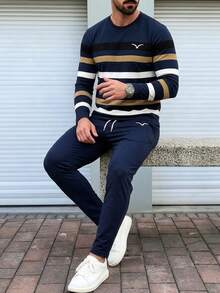 Men's Autumn/Winter Daily Commute Striped Patchwork Print Crew Neck Long Sleeve T-Shirt And Pants Set - Multicolor - View 5