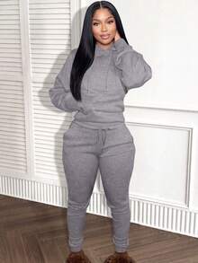 LovelyWholesale Women's Hooded Collar Long Sleeves Pocket Plain Casual Everyday Wear Top And Pants Set Spring Fall Clothing - Grey - View 1