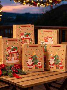 24pcs Set Of Christmas-Themed Printed Kraft Paper Gift Bags-Perfect For Party Favors, Table Decorations, Guest Gifts, And General Gift-Giving; An Ideal Choice For Holiday Gift Packaging. - Multicolor - View 10