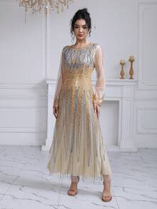 JINLICX Glamorous Women's Long Sleeve Sequin And Beaded Plus Size Formal Dress Round Neck Prom Gown With Elegant Design - Champagne - View 4
