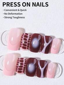 24pcs Short Square Blooming Nails And Brown Nails, Leopard Print French Manicure, Perfect Fit Fake Nails. Set Includes: 1pc Jelly Glue And 1pc Nail File, Suitable For Women And Girls Daily Wear - Multicolor - View 3