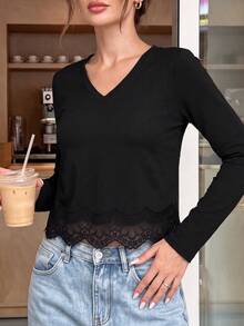 minisummer Women's Elegant Autumn Black V-Neck Long Sleeve Cropped Top, Eyelash Lace Hem Fitted Basic Blouse, Suitable For Casual Wear - Black - View 7