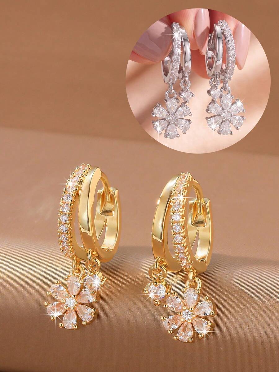 2pcs/Set Gentle Style Earrings, Elegant Earrings For Women, Suitable For Commuting, Dating, Party, Travel - Flower - View 1