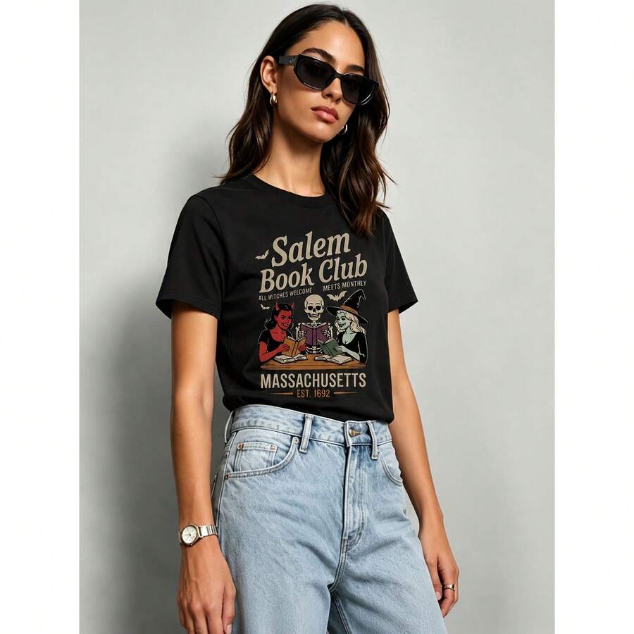 Women's Salem Book Club Vintage Halloween Graphic Tee, Casual Short Sleeve Comfort Cotton Top For Party Occasions - Black - View 1