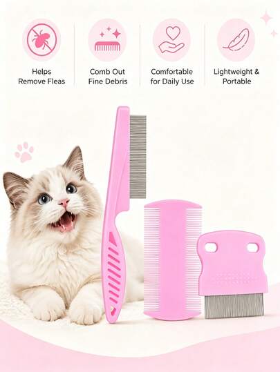 Flea And Tick Comb, Stainless Steel Dog And Cat Grooming Comb (Round Teeth), Double-Sided Professional Pet Tear Stain Remover, Detangling Tool, Suitable For Small, Medium And Large Pets