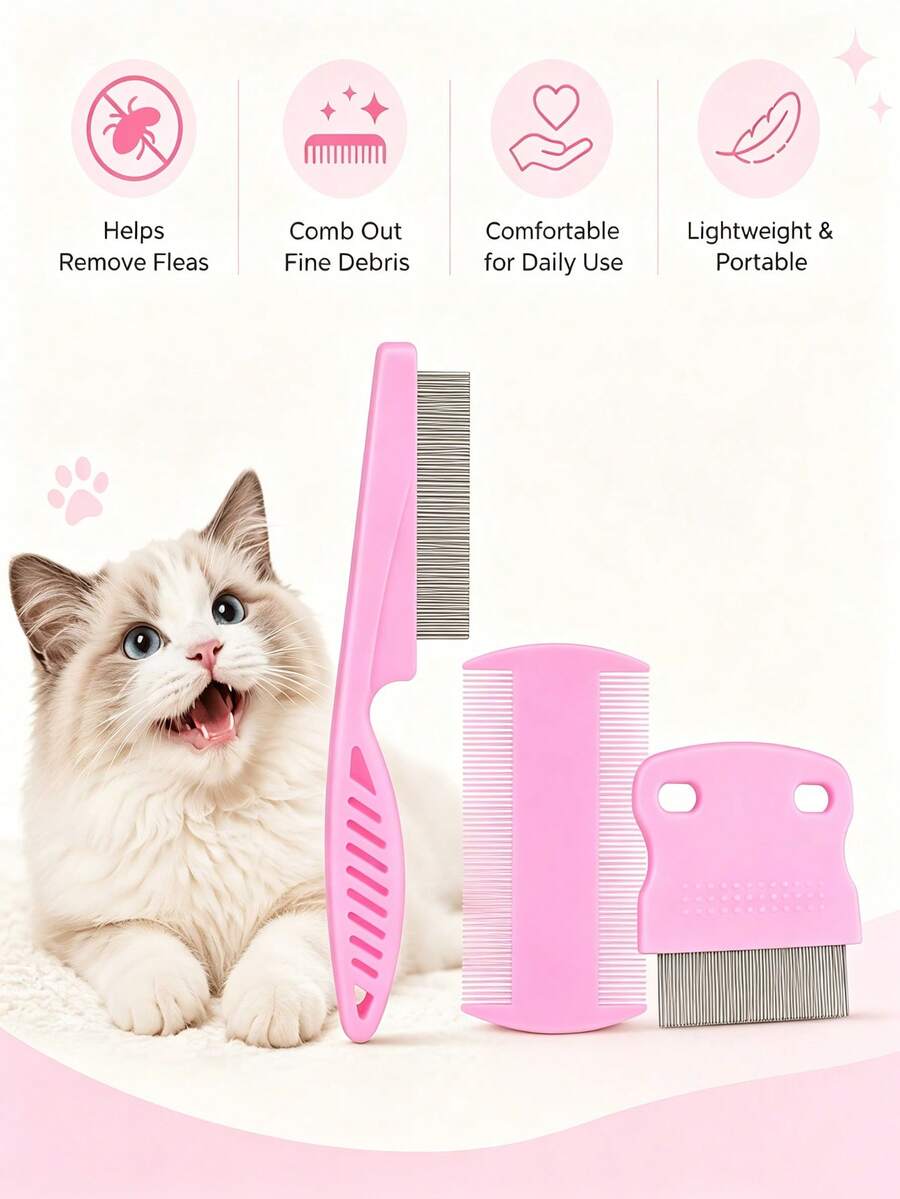 Flea And Tick Comb, Stainless Steel Dog And Cat Grooming Comb (Round Teeth), Double-Sided Professional Pet Tear Stain Remover, Detangling Tool, Suitable For Small, Medium And Large Pets - Multicolor - View 1
