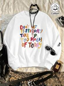 Women's Relaxed Fit Casual Crew Neck Sweatshirt With Colorful Letter Print, Soft Cotton Long Sleeve Pullover For Everyday Spring & Autumn Fashion - White - View 1