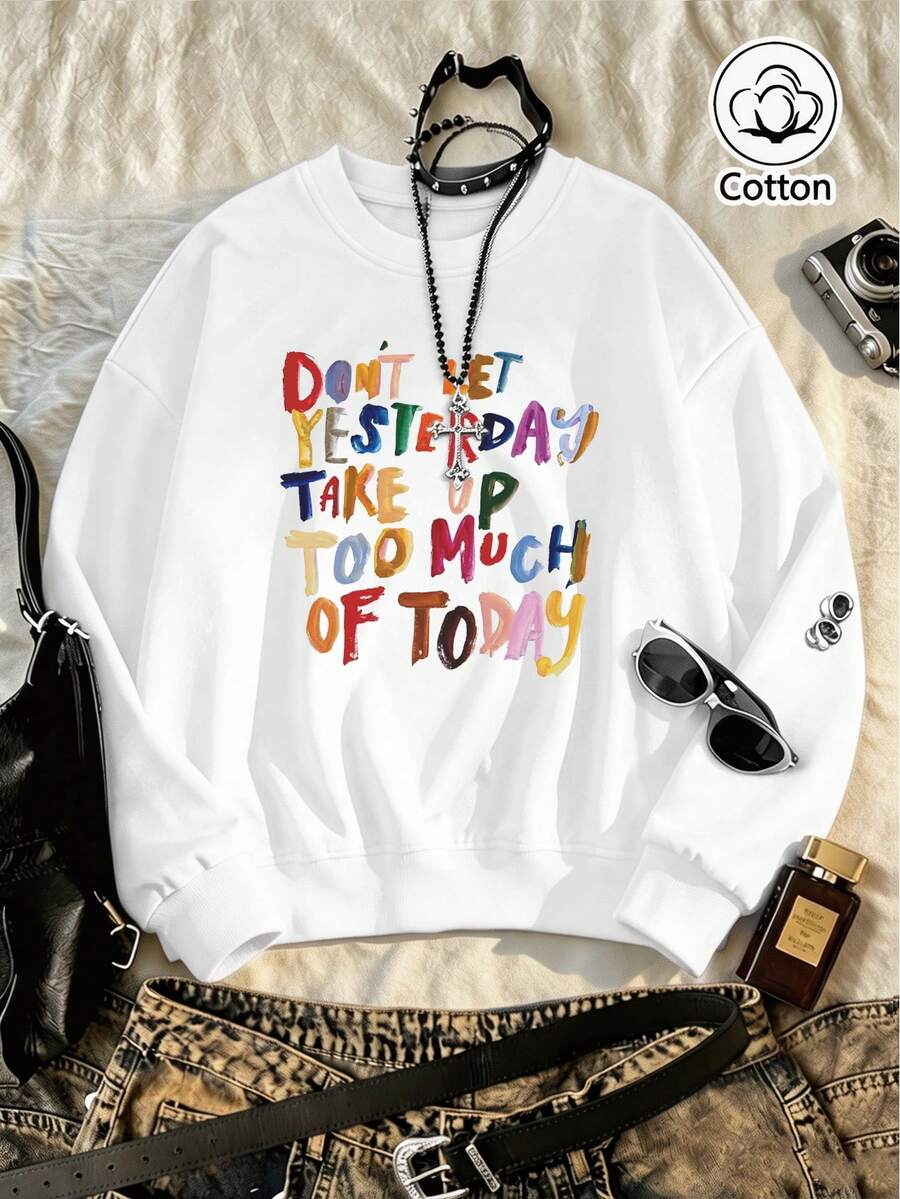 Women's Relaxed Fit Casual Crew Neck Sweatshirt With Colorful Letter Print, Soft Cotton Long Sleeve Pullover For Everyday Spring & Autumn Fashion - White - View 1