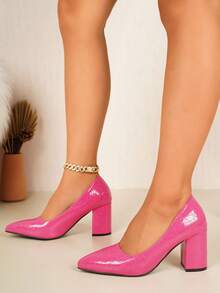 WTKMRSSTEP Fashion Pointed Toe Chunky Heel High Heel Pumps Women Shallow Slip-On Commute Versatile Fashion Shoes - Hot Pink - View 2