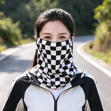 1pc Black & White Plaid Face Sun Protection Neck Gaiter With Earring Loops, Face & Neck Protection, Elastic Soft Warm Winter Scarf/Mask, Suitable For Cycling, Motorcycle Riding & Outdoor Activities - Black and White - View 3