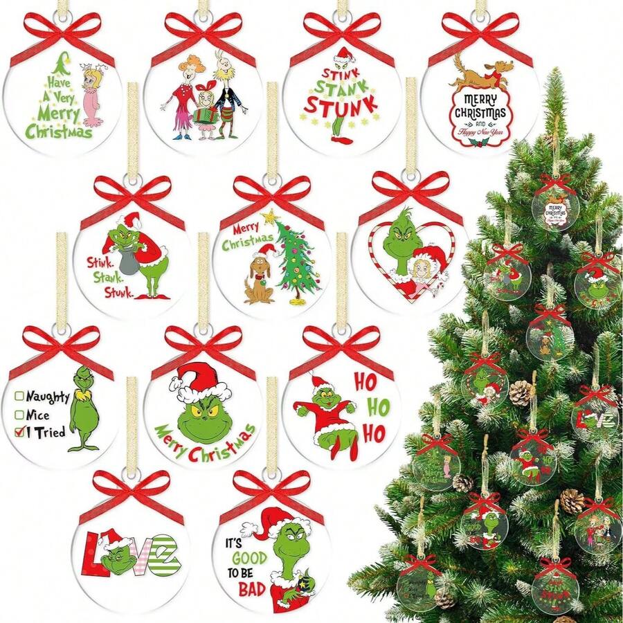 The Grinch The 12/6/2Pcs Acrylic ‑Themed Christmas Tree Hanging Ornament, Multiple Funny Quote Pattern Styles Optional, Perfect For Christmas Home Decor, And Ideal As Xmas Tree Decoration And Holiday Party Gift. - Multicolor - View 1