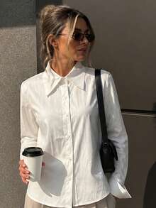 1pc Women's Solid Color Pointed Collar Blouse, Folded Cuff Loose Drop Shoulder Long Sleeve Commuter Versatile All-Match Shirt White - White - View 9