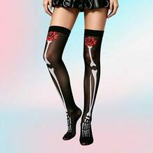 1 Pair Halloween Dark Punk Red Flower White Skeleton Black Over-The-Knee Stockings - Multicolor - View 3