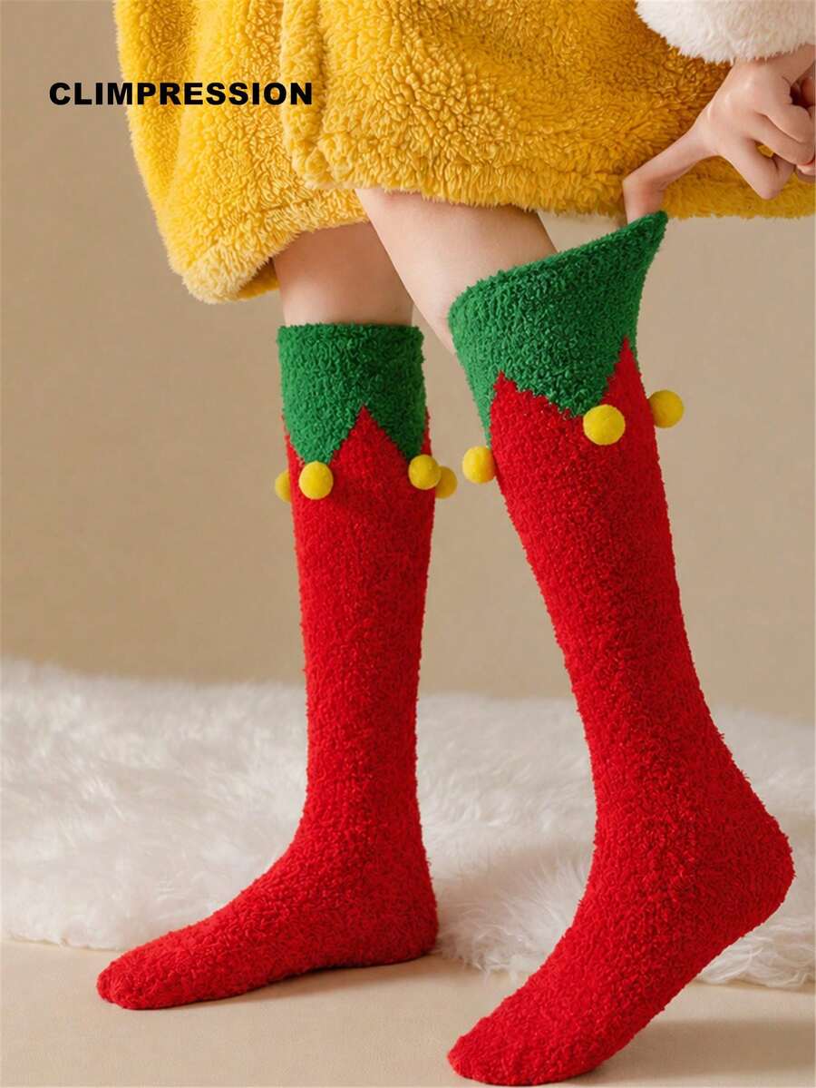 CLIMPRESSION Christmas Elf Knee-High Socks, Plush Coral Fleece Warm Slippers Socks With Pom Poms, Holiday Cosplay Indoor Floor Socks - Red - View 1