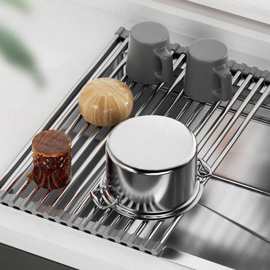 1pc Luxury Roll-Up Stainless Steel Dish Drying Rack - Space-Saving, Multi-Functional, Over-The-Sink Design, Portable, Foldable, Rust-Proof, Easy To Clean, Kitchen Sink Organizer, Tools And Mats, Perfect For Small Kitchens, Space-Saving Solution, Exquisite Cookware, Compact Storage Rack, High-Quality Metal, Corrosion-Resistant Material, Multi-Functional Tool, Suitable For Home Cooks