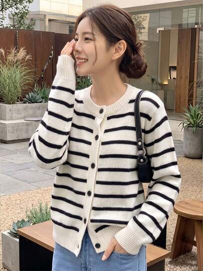 Cardigan minimaliste français pour adolescents, rayures noires & blanches, col rond, pull tricoté à manches longues simple boutonnage, vêtement d'extérieur ample pour superposition, printemps/automne, pour étudiants