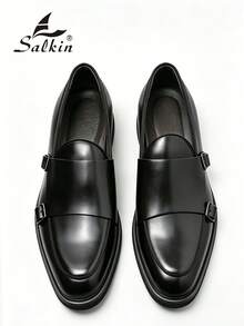 Salkin 復古設計師男士雙扣尖頭僧侶皮鞋，平價奢華現代生活風，易穿脫樂福鞋，優雅紳士社交正式鞋，適合中年、青年、學生，開學、畢業、學院風、辦公室、商務通勤、派對、宴會、婚禮、新郎鞋、西裝搭配，春夏季秋季節日禮物 - 黑色 - 查看 3